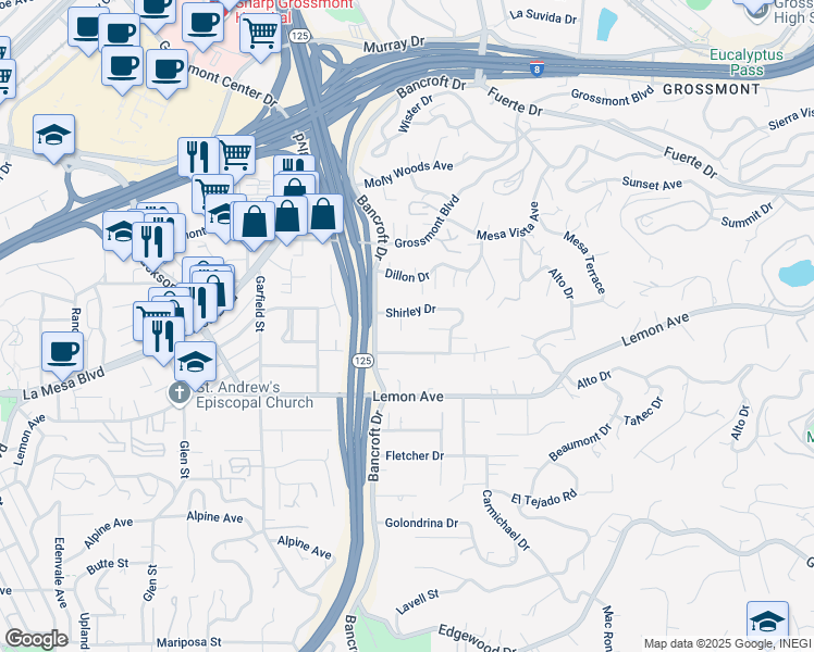 map of restaurants, bars, coffee shops, grocery stores, and more near 5039 Knoll Court in La Mesa