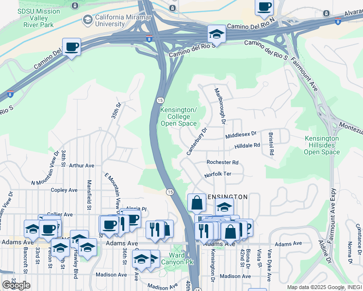map of restaurants, bars, coffee shops, grocery stores, and more near 4033 South Hempstead Circle in San Diego