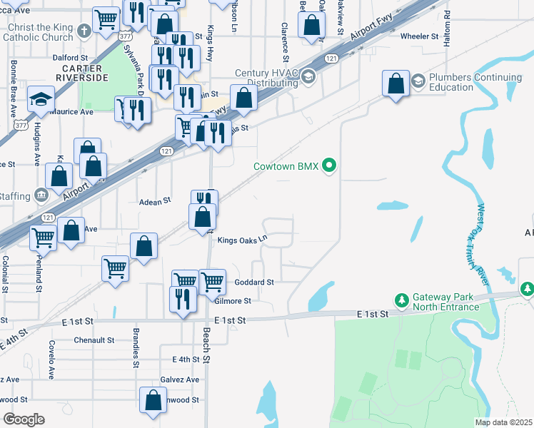 map of restaurants, bars, coffee shops, grocery stores, and more near 4325 Kings Circle South in Fort Worth