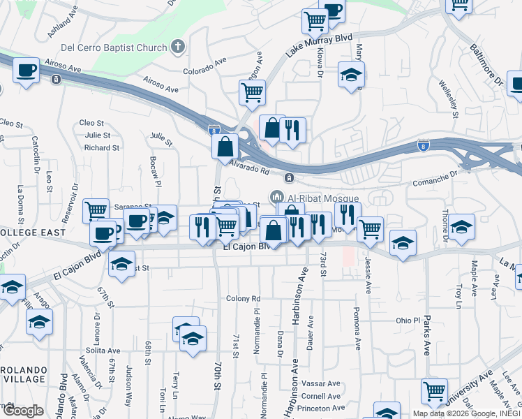 map of restaurants, bars, coffee shops, grocery stores, and more near 7127 Saranac Street in San Diego