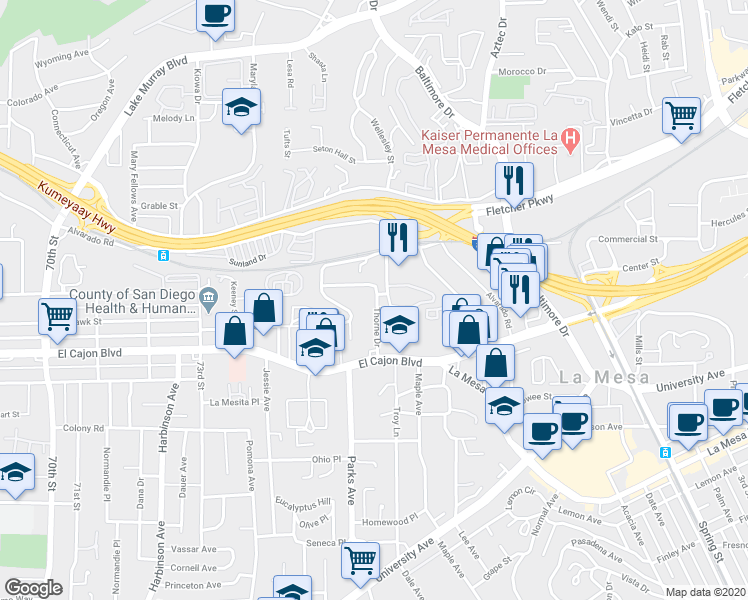 map of restaurants, bars, coffee shops, grocery stores, and more near 5048 Thorne Dr in La Mesa