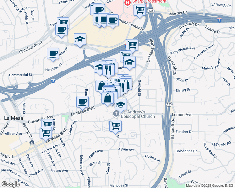 map of restaurants, bars, coffee shops, grocery stores, and more near 8758 La Mesa Boulevard in La Mesa