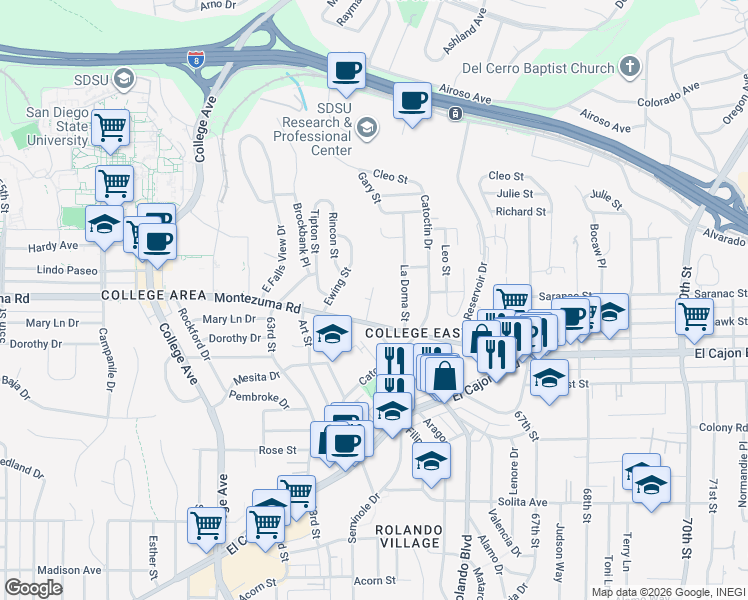 map of restaurants, bars, coffee shops, grocery stores, and more near 5045 Gary Street in San Diego