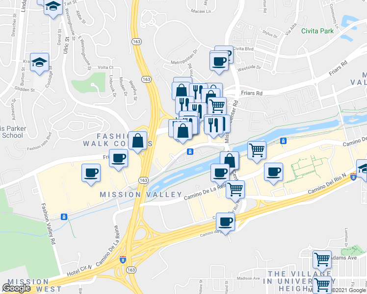 map of restaurants, bars, coffee shops, grocery stores, and more near 7510 Hazard Center Drive in San Diego