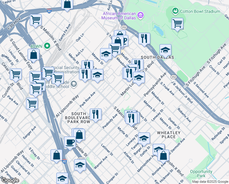 map of restaurants, bars, coffee shops, grocery stores, and more near 2842 South Boulevard in Dallas