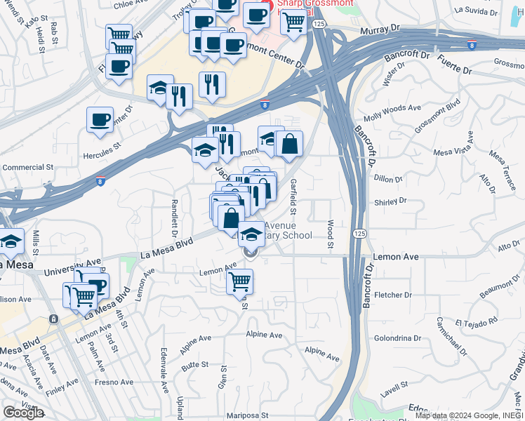 map of restaurants, bars, coffee shops, grocery stores, and more near 2 La Mesa Boulevard in La Mesa