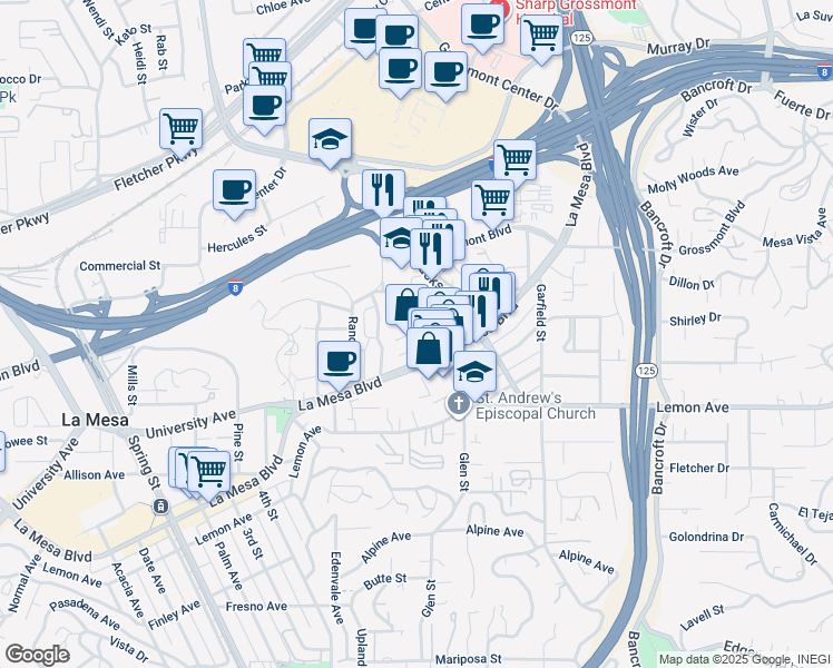 map of restaurants, bars, coffee shops, grocery stores, and more near 8653 Washington Avenue in La Mesa