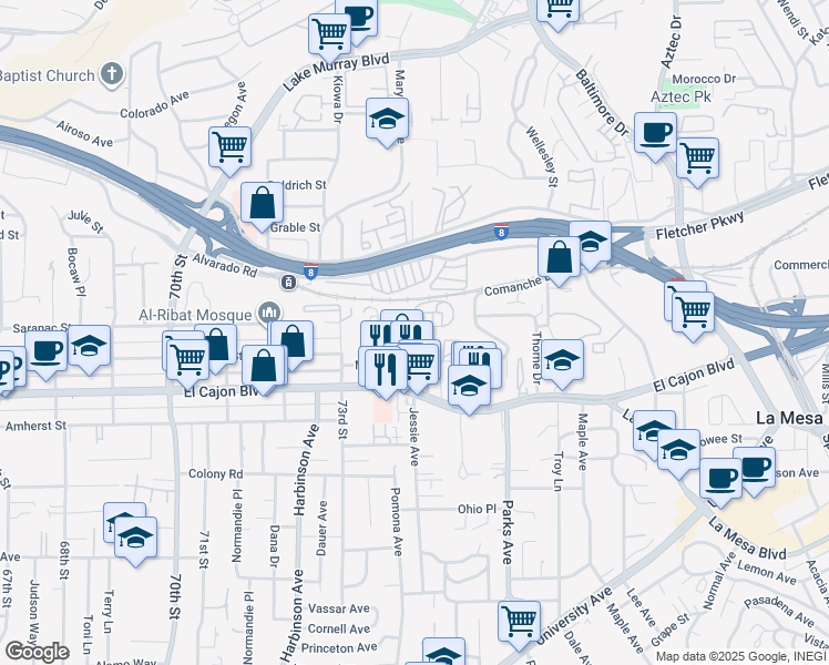 map of restaurants, bars, coffee shops, grocery stores, and more near 5050 Williams Avenue in La Mesa