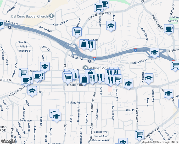 map of restaurants, bars, coffee shops, grocery stores, and more near 7223 Saranac Street in La Mesa