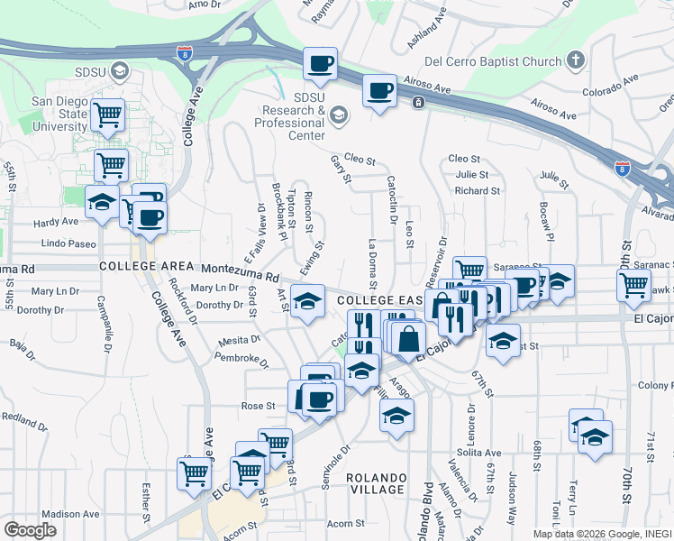 map of restaurants, bars, coffee shops, grocery stores, and more near 5045 Gary Street in San Diego