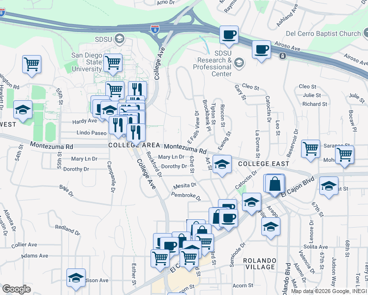 map of restaurants, bars, coffee shops, grocery stores, and more near 6219 Montezuma Road in San Diego