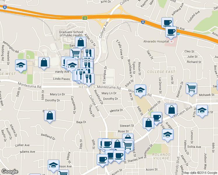 map of restaurants, bars, coffee shops, grocery stores, and more near 6219 Montezuma Road in San Diego
