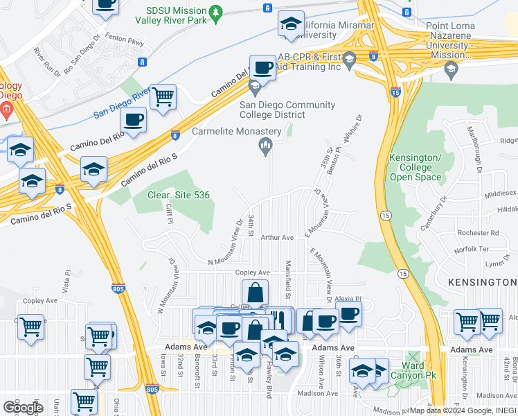 map of restaurants, bars, coffee shops, grocery stores, and more near 3407 North Mountain View Drive in San Diego