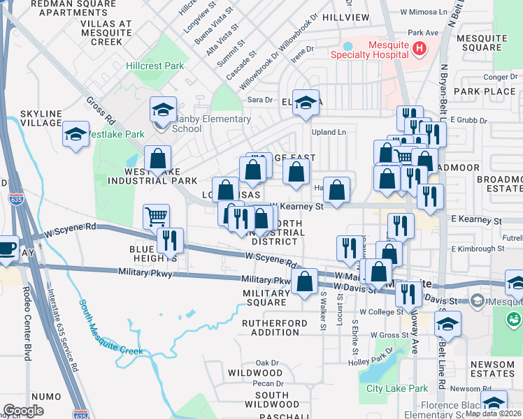 map of restaurants, bars, coffee shops, grocery stores, and more near 700 West Kearney Street in Mesquite