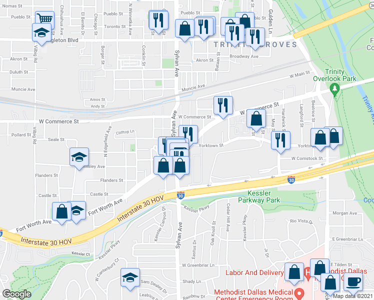 map of restaurants, bars, coffee shops, grocery stores, and more near 727 Fort Worth Avenue in Dallas