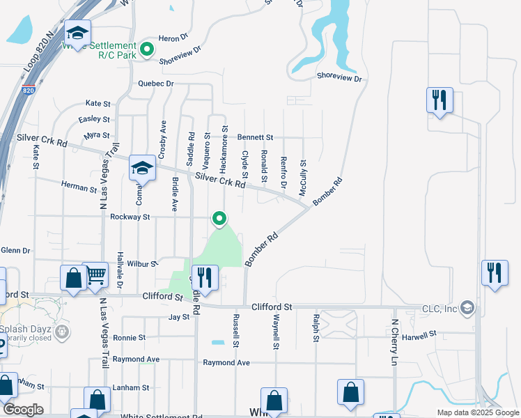 map of restaurants, bars, coffee shops, grocery stores, and more near 8117 Foxfire Lane in White Settlement