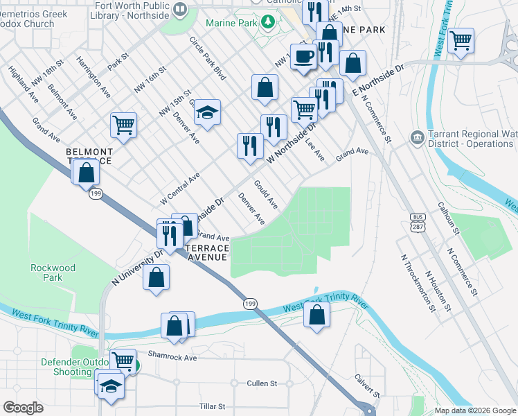 map of restaurants, bars, coffee shops, grocery stores, and more near 1210 Denver Avenue in Fort Worth