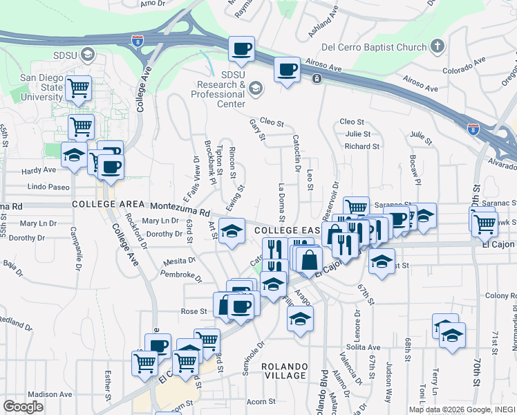 map of restaurants, bars, coffee shops, grocery stores, and more near 5045 Gary Street in San Diego