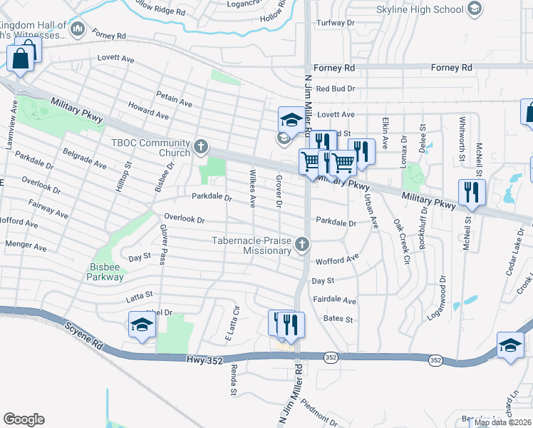 map of restaurants, bars, coffee shops, grocery stores, and more near 6834 Parkdale Drive in Dallas