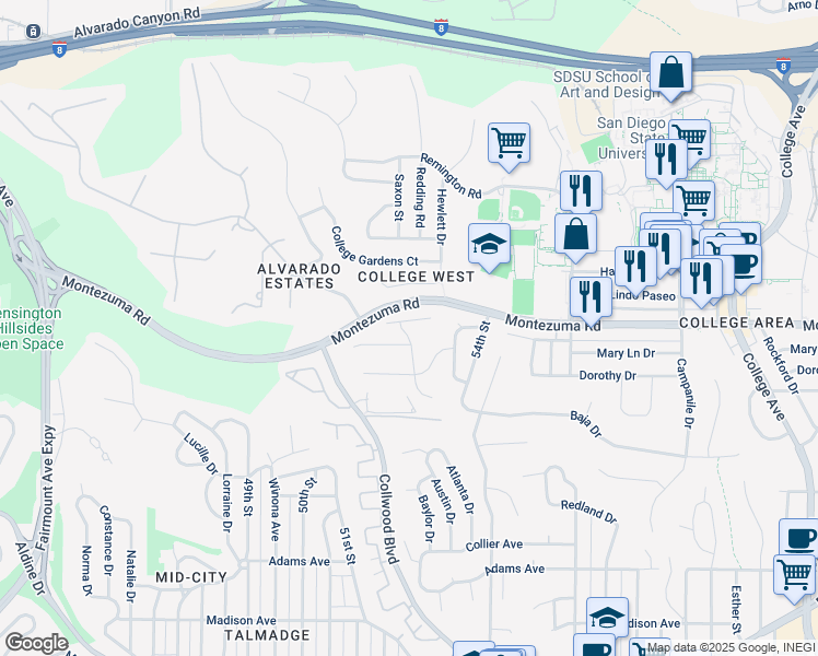 map of restaurants, bars, coffee shops, grocery stores, and more near 5245 Joan Court in San Diego