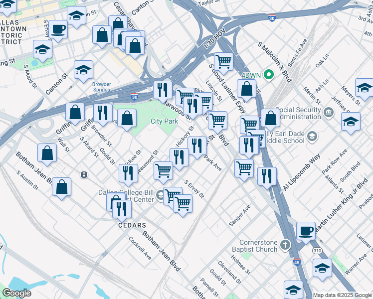 map of restaurants, bars, coffee shops, grocery stores, and more near 1823 Lear Street in Dallas