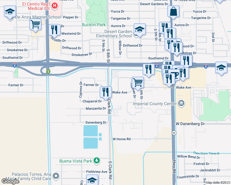 map of restaurants, bars, coffee shops, grocery stores, and more near 650 Wake Avenue in El Centro