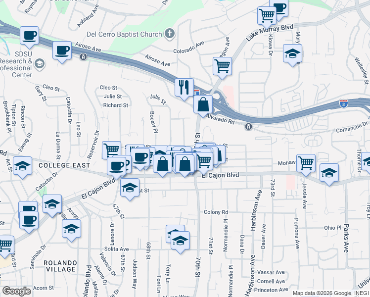 map of restaurants, bars, coffee shops, grocery stores, and more near 6957 Saranac Street in San Diego