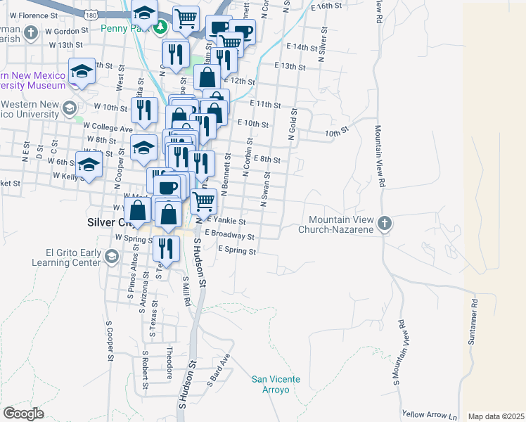 map of restaurants, bars, coffee shops, grocery stores, and more near 598 E Market St in Silver City