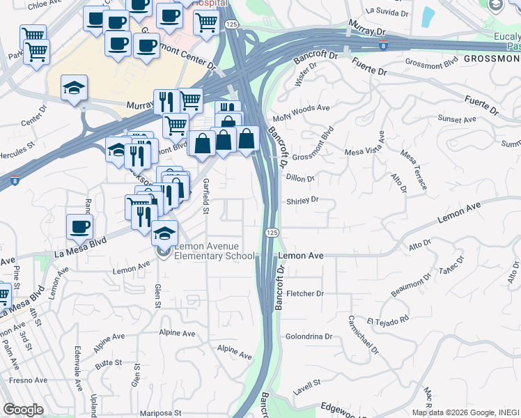 map of restaurants, bars, coffee shops, grocery stores, and more near 5030 Harmony Lane in La Mesa