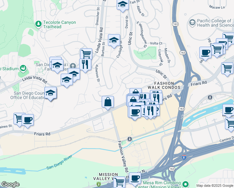 map of restaurants, bars, coffee shops, grocery stores, and more near 6803 Fashion Hills Boulevard in San Diego