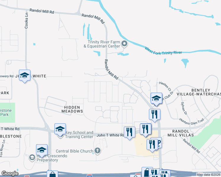 map of restaurants, bars, coffee shops, grocery stores, and more near 620 Mud Lake Trail in Fort Worth