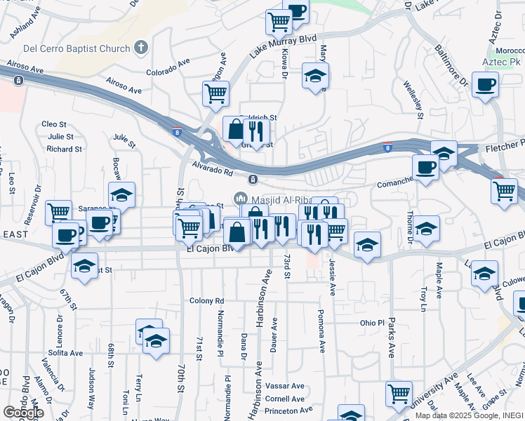 map of restaurants, bars, coffee shops, grocery stores, and more near 7227 Saranac Street in San Diego