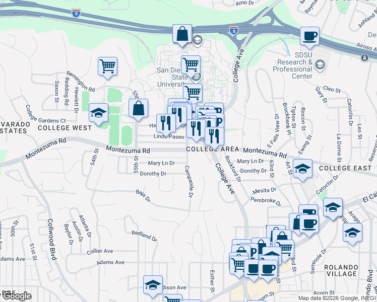 map of restaurants, bars, coffee shops, grocery stores, and more near Montezuma Road in San Diego