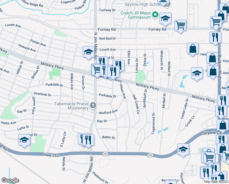 map of restaurants, bars, coffee shops, grocery stores, and more near 3814 Elva Avenue in Dallas
