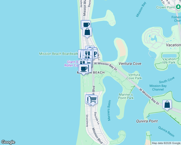map of restaurants, bars, coffee shops, grocery stores, and more near  in San Diego