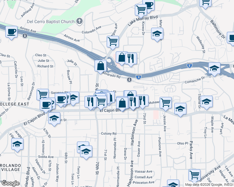 map of restaurants, bars, coffee shops, grocery stores, and more near 7129 Saranac Street in San Diego
