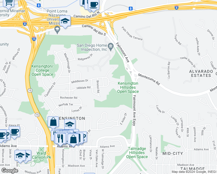map of restaurants, bars, coffee shops, grocery stores, and more near 4349 Hilldale Road in San Diego