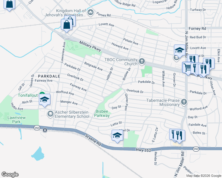map of restaurants, bars, coffee shops, grocery stores, and more near 6323 Overlook Drive in Dallas