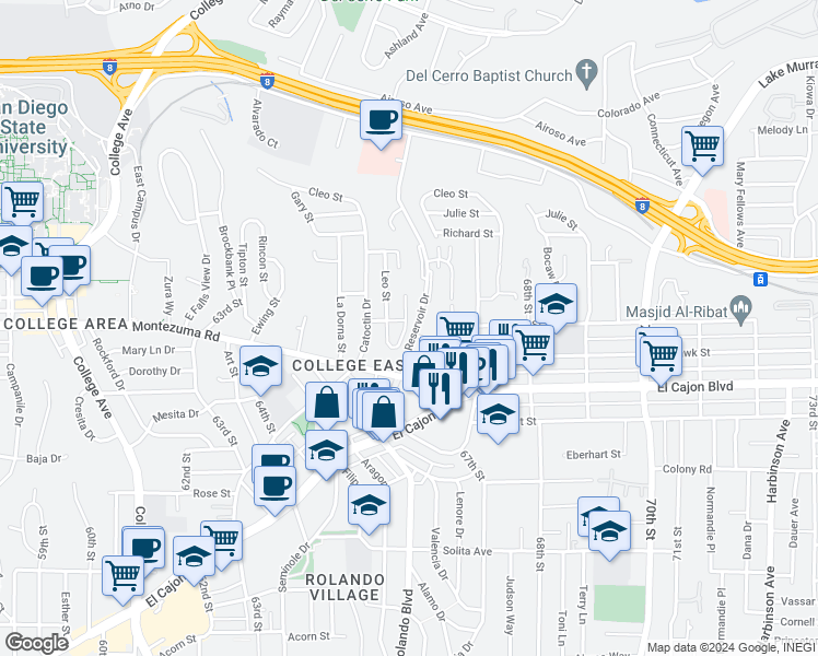 map of restaurants, bars, coffee shops, grocery stores, and more near 5097 Alumni Place in San Diego