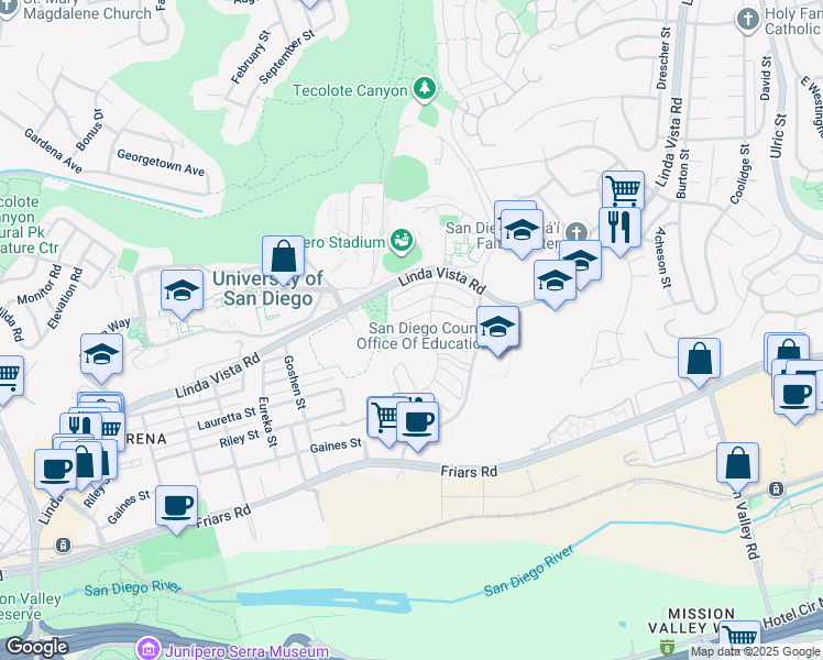 map of restaurants, bars, coffee shops, grocery stores, and more near 6243 Caminito Andreta in San Diego