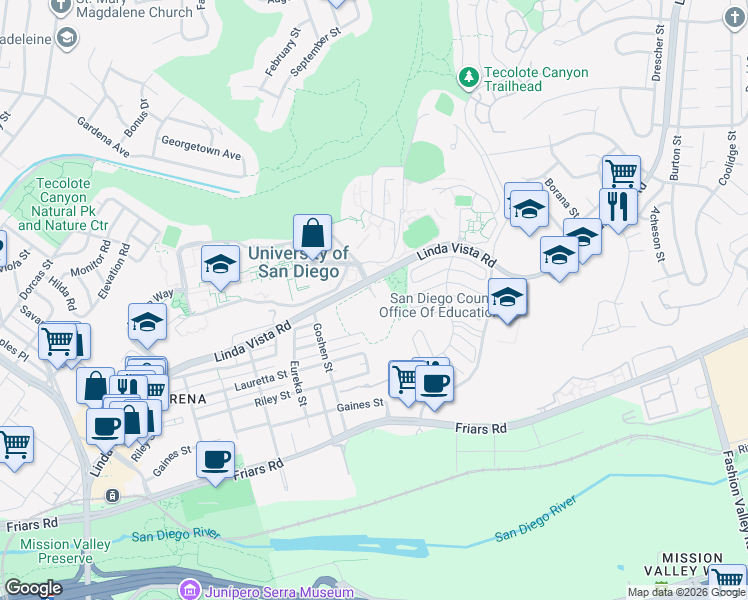 map of restaurants, bars, coffee shops, grocery stores, and more near 5945 Linda Vista Road in San Diego