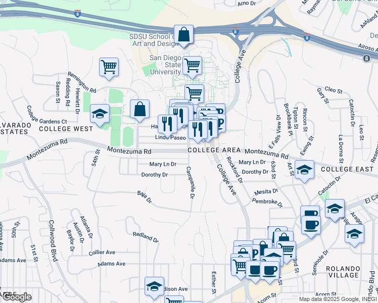 map of restaurants, bars, coffee shops, grocery stores, and more near Campanile Mall in San Diego