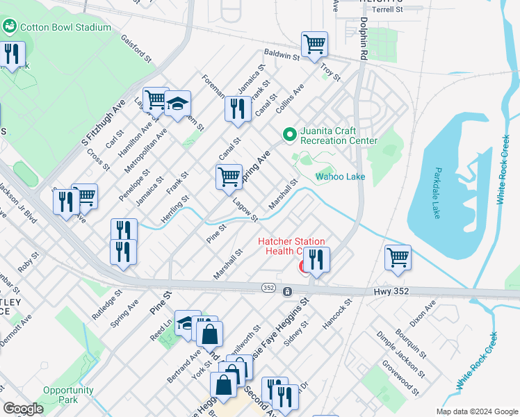 map of restaurants, bars, coffee shops, grocery stores, and more near 4214 Copeland Street in Dallas