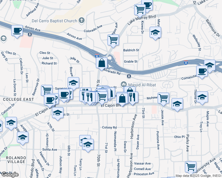 map of restaurants, bars, coffee shops, grocery stores, and more near 7085 Saranac Street in San Diego