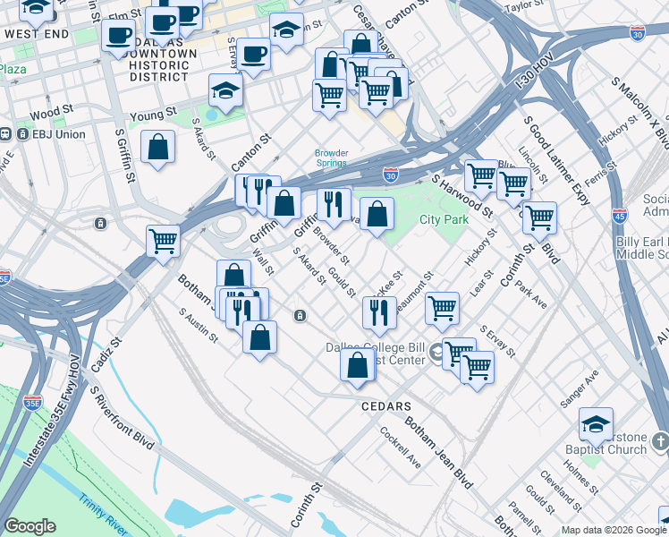 map of restaurants, bars, coffee shops, grocery stores, and more near 1414 Belleview Street in Dallas