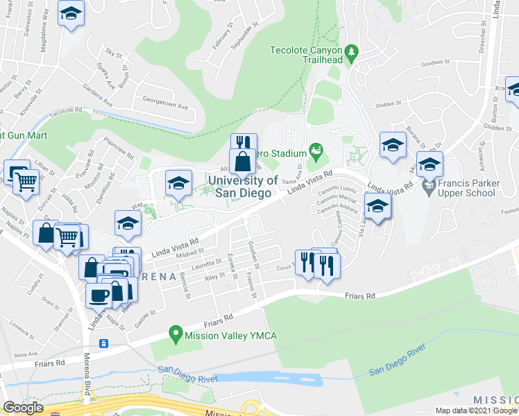 map of restaurants, bars, coffee shops, grocery stores, and more near 5961 Linda Vista Road in San Diego