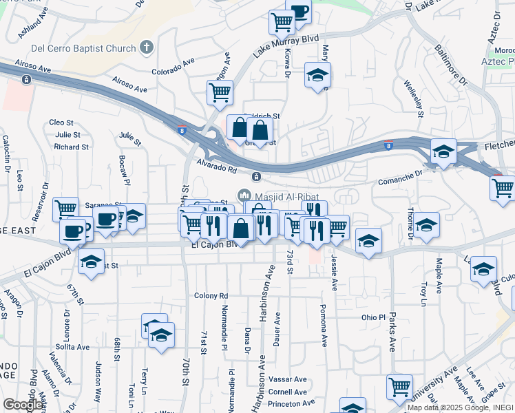 map of restaurants, bars, coffee shops, grocery stores, and more near 7223 Saranac Street in La Mesa