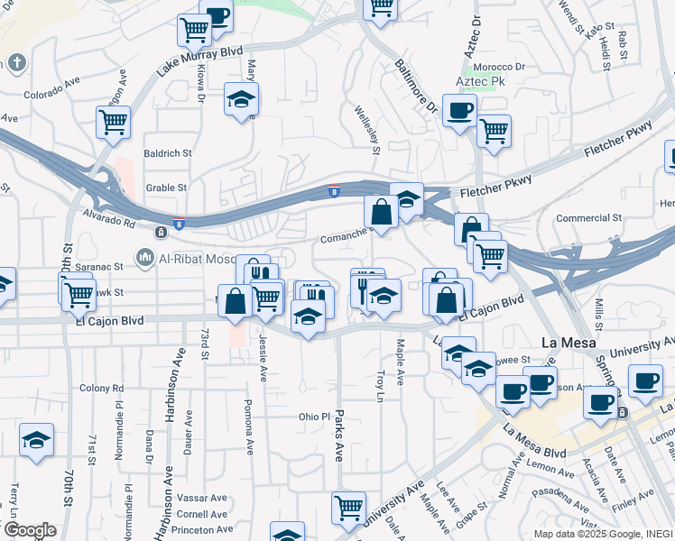 map of restaurants, bars, coffee shops, grocery stores, and more near 5040 Comanche Drive in La Mesa