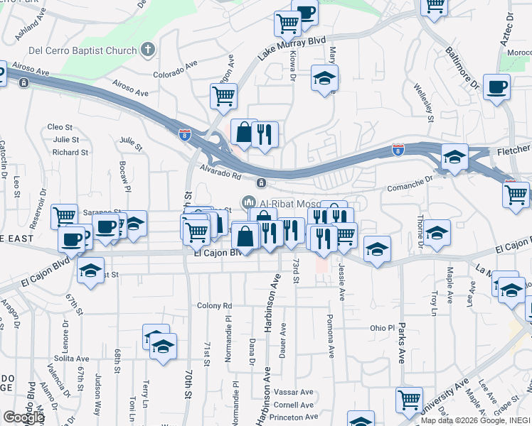 map of restaurants, bars, coffee shops, grocery stores, and more near 7223 Saranac Street in La Mesa
