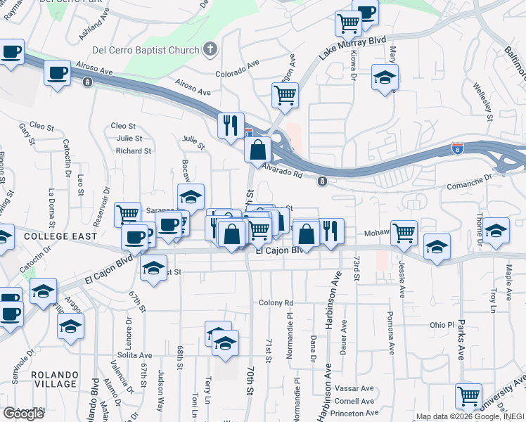 map of restaurants, bars, coffee shops, grocery stores, and more near 7029 Saranac Street in San Diego